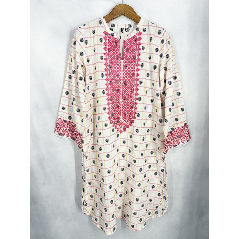 Beechtree Indian Bohemian White Pink Embroidered Tunic Top Womens Size 14